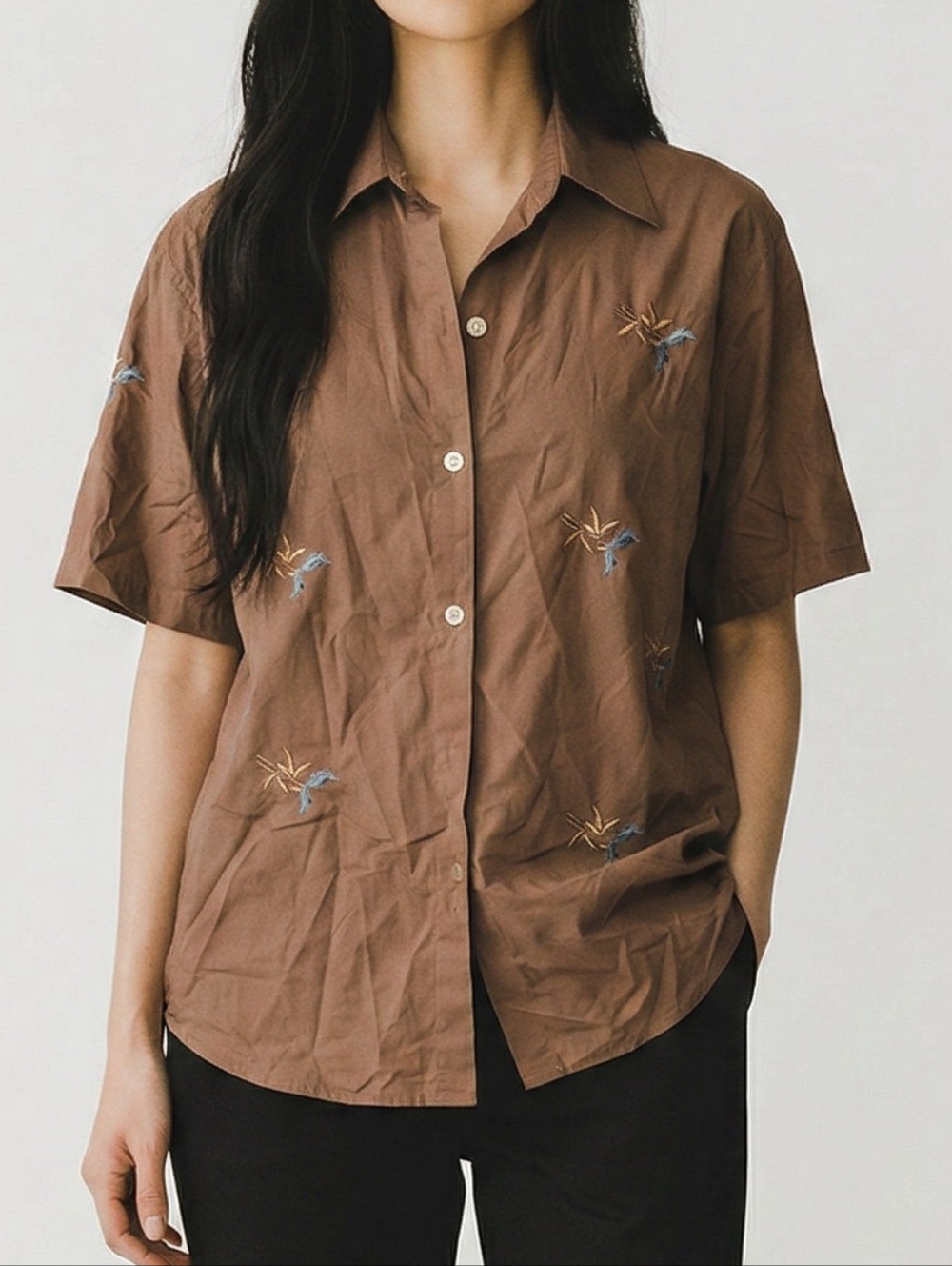 Brown Embroidered Button Down Shirt